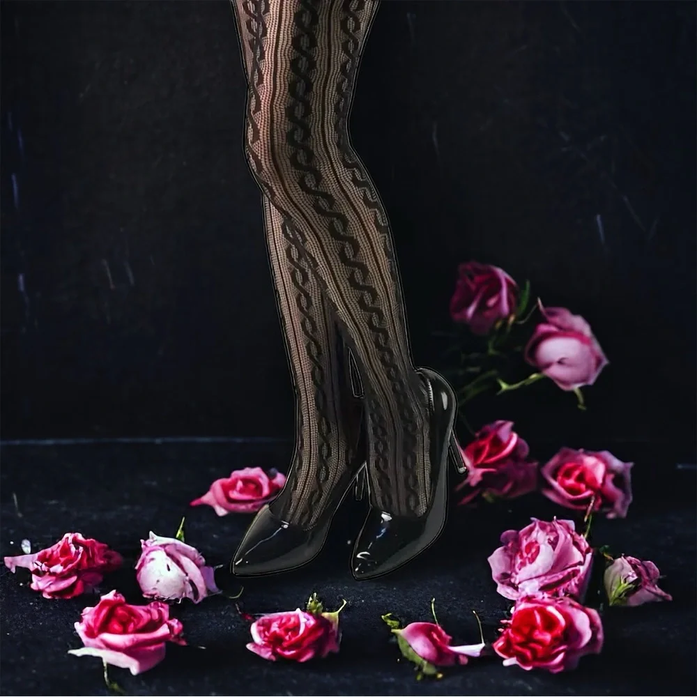 Twist Pattern Black Pantyhose,‎ Sexy Slim Fit Footed Pantyhose One Size